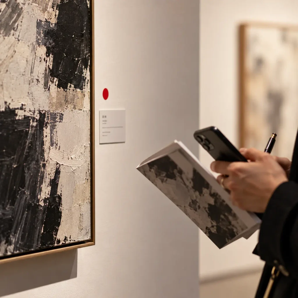 A visitor considering an artwork during a gallery viewing in Seoul