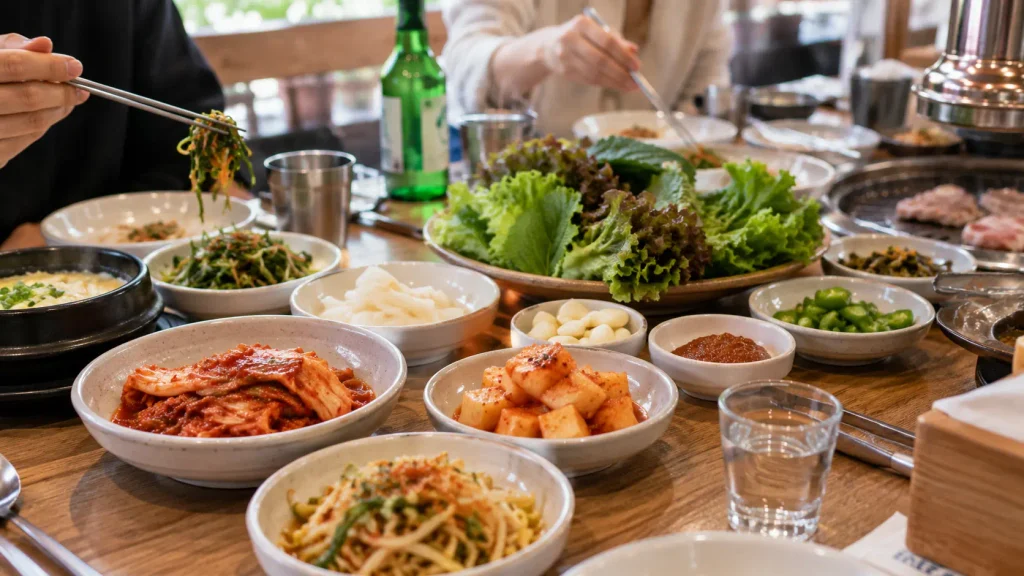 Banchan, lettuce, kimchi and sauces surrounding a Korean BBQ table