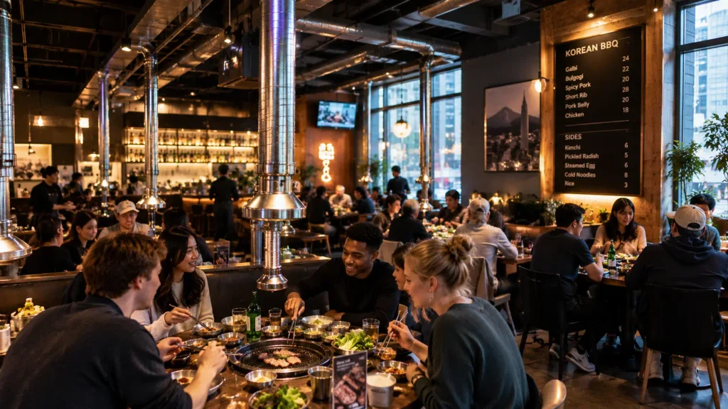 Korean BBQ restaurant in the United States with diners sharing a table