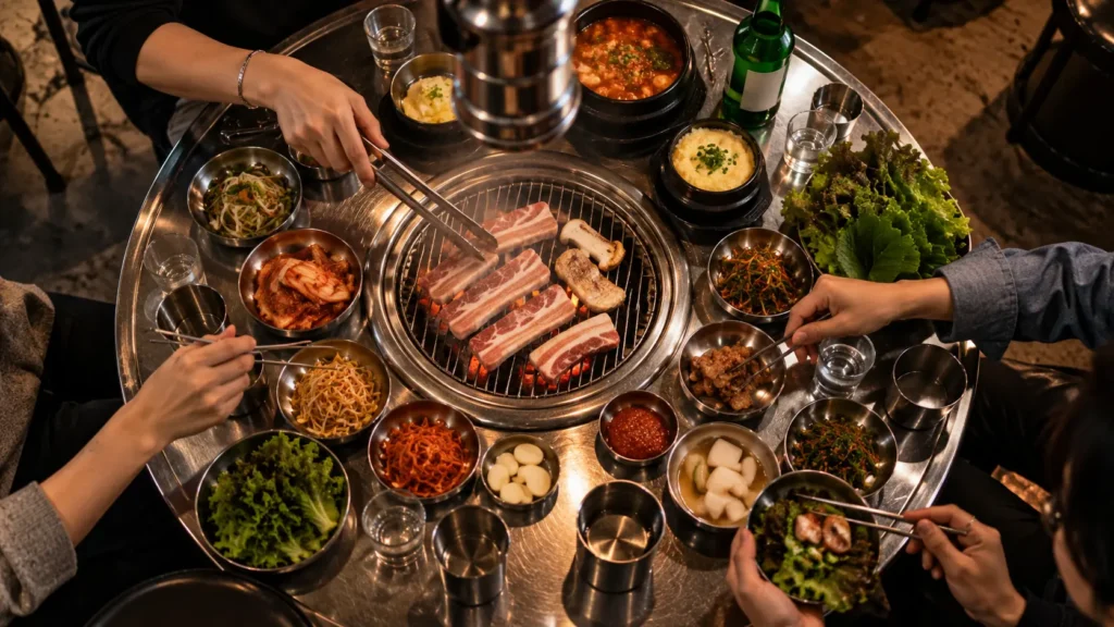 Shared Korean BBQ table with grilled pork, banchan and side dishes