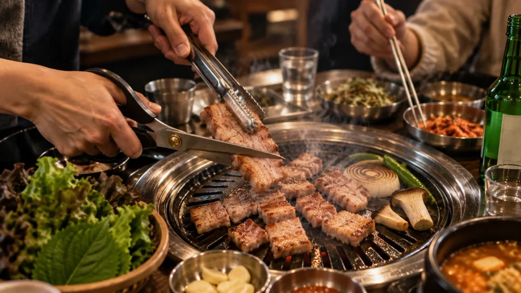 Hands cooking pork with tongs and scissors at a Korean BBQ table