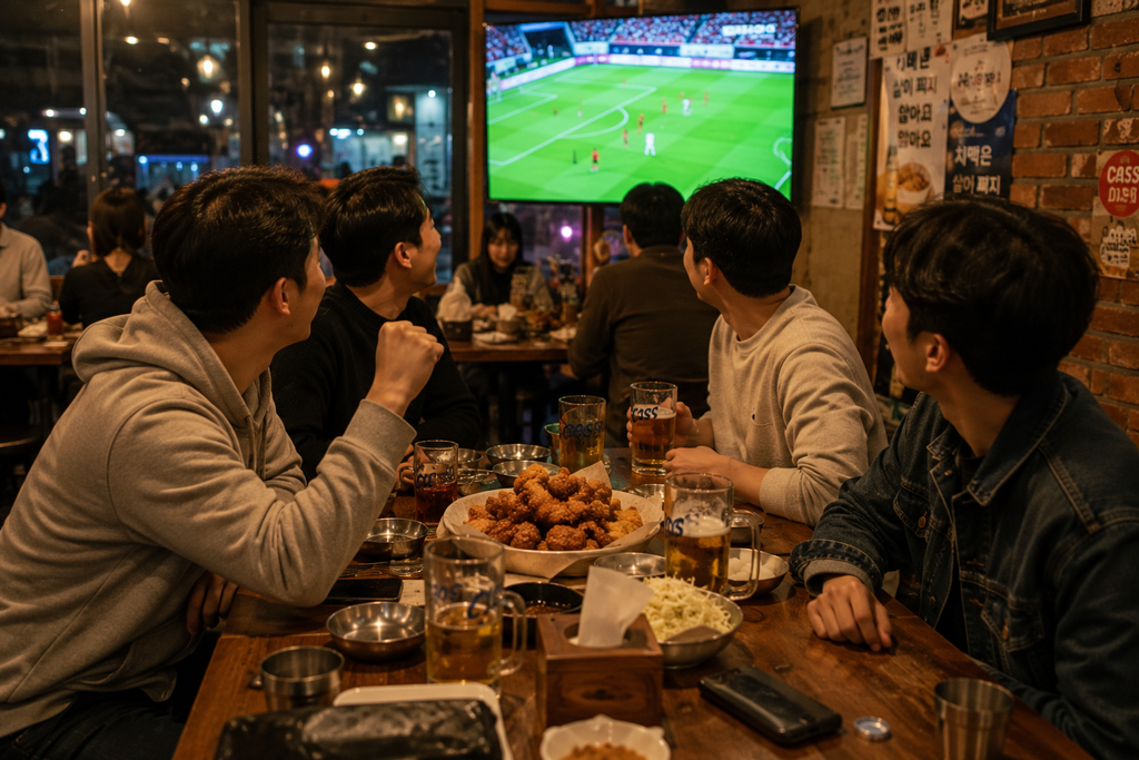 Friends sharing Korean fried chicken and beer in Seoul
