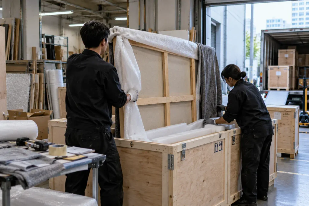 Gallery staff packing contemporary art for international shipment in Seoul