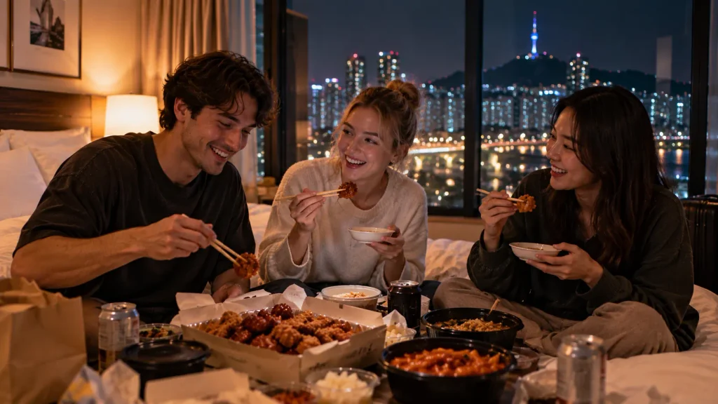 Travellers eating Korean food in a Seoul hotel at night