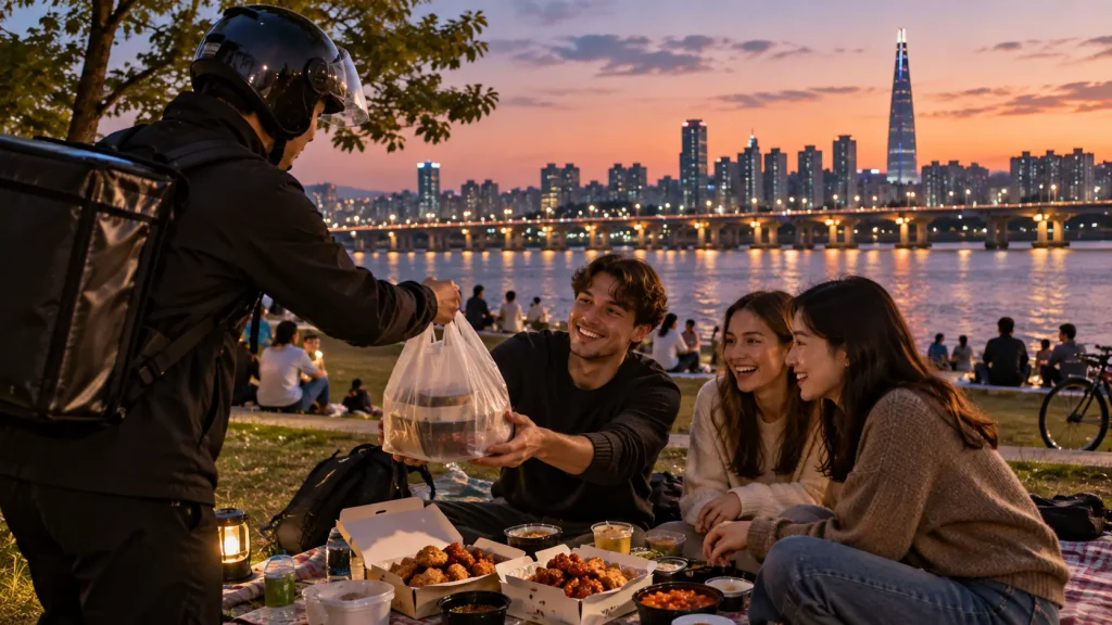 Food delivery arriving for visitors at a Han River park in Seoul