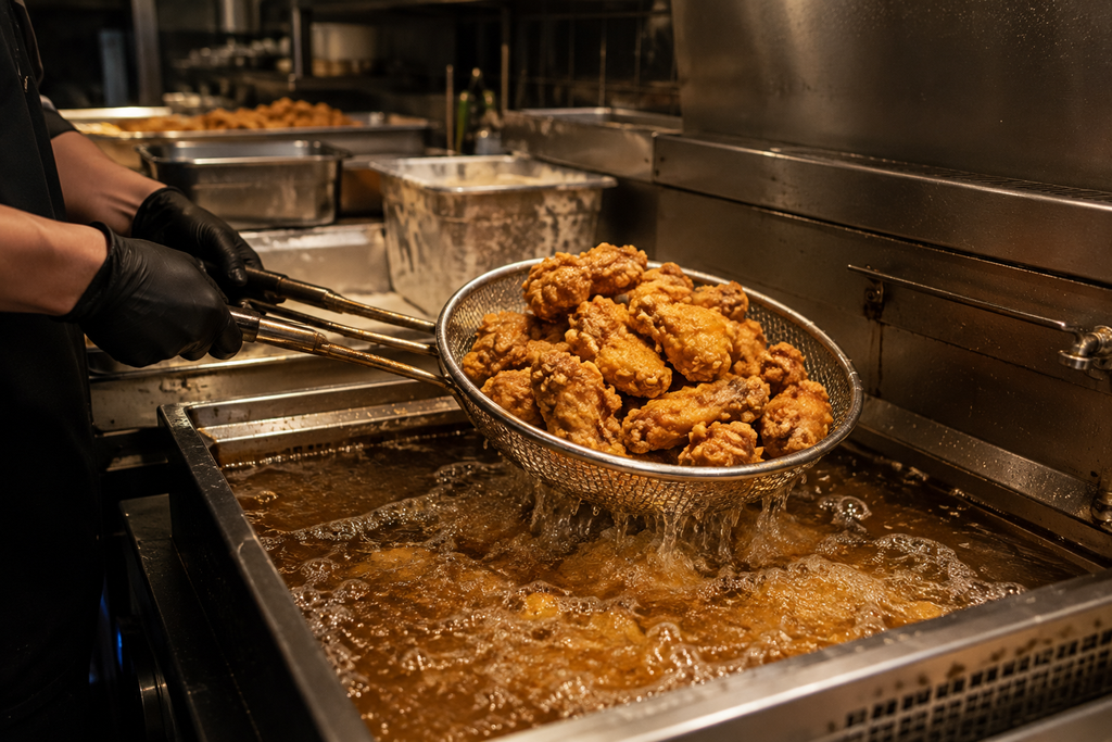 Korean fried chicken being double-fried in a restaurant kitchen