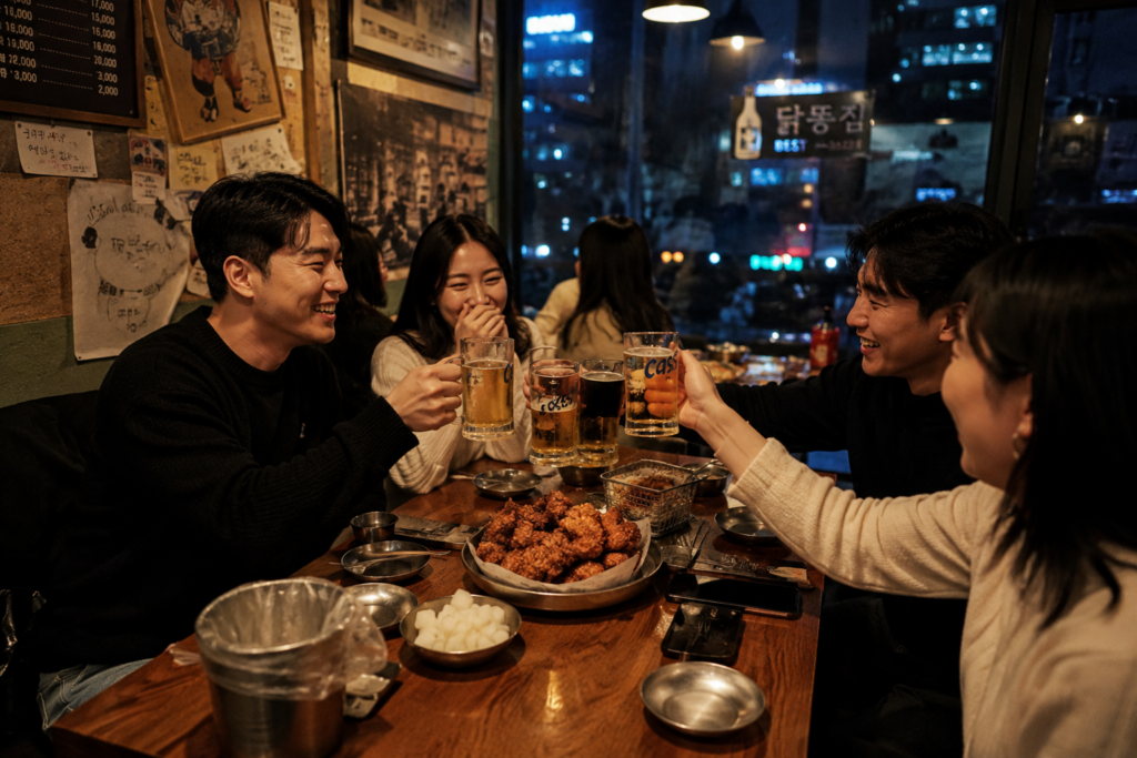 Korean fried chicken being shared at a restaurant in Seoul