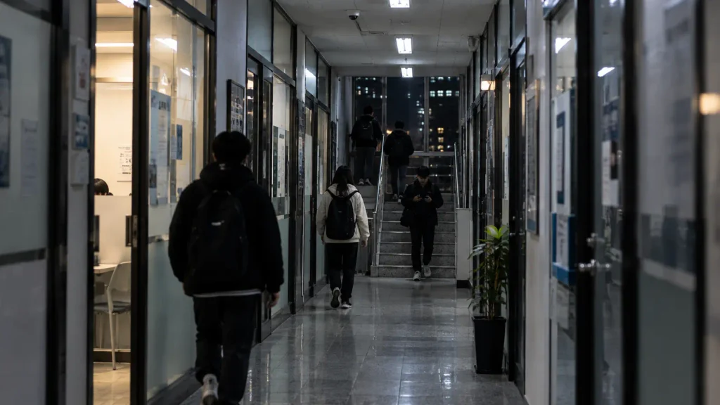 Students moving between private academies in Seoul at night