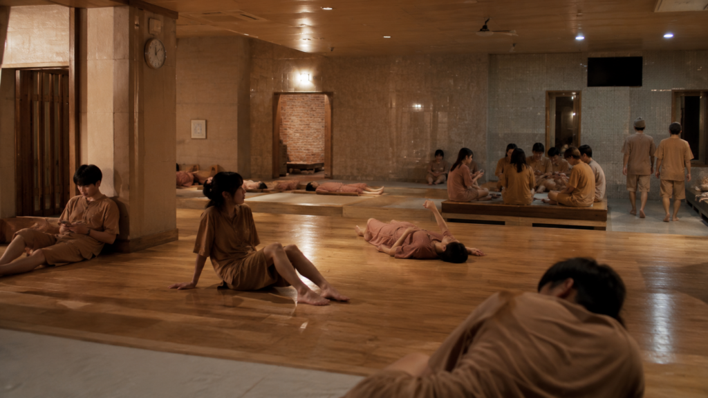 Young Koreans relaxing in a jjimjilbang sauna in Seoul