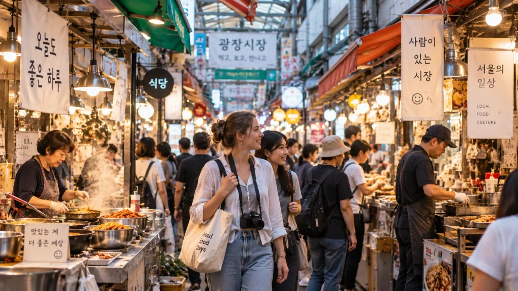 International visitors experiencing everyday life at Gwangjang Market