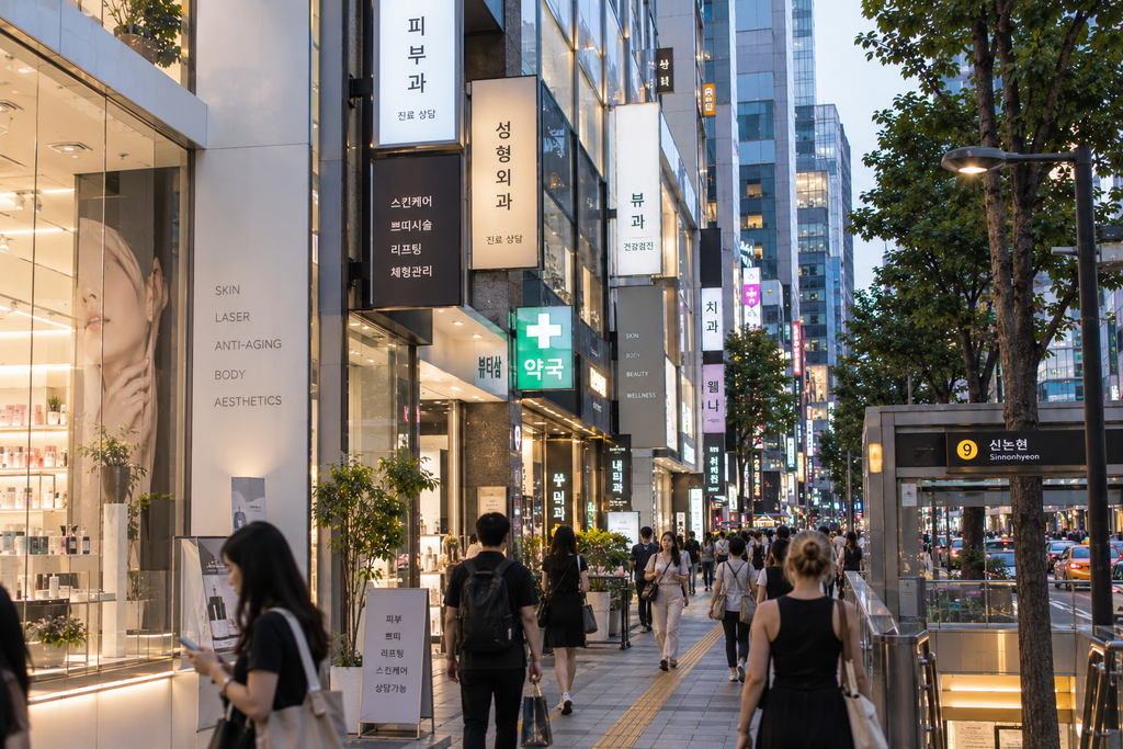 Foreign visitors at a medical and beauty district in Seoul