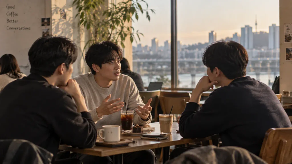 Young Korean men talking together in civilian life after military service