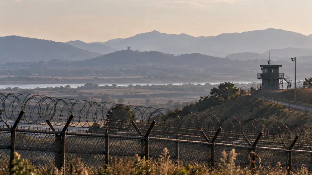 A distant view of the Korean Demilitarized Zone landscape near the South Korean border