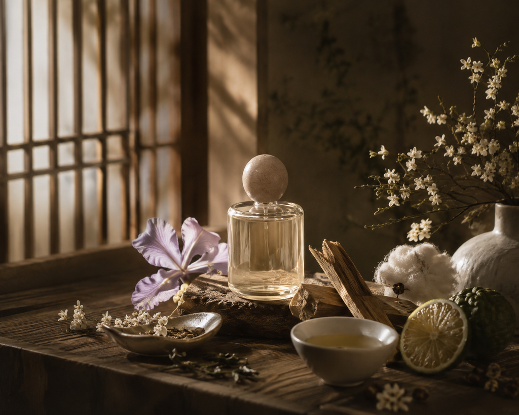 Korean perfume with wood, tea and soft floral scent notes
