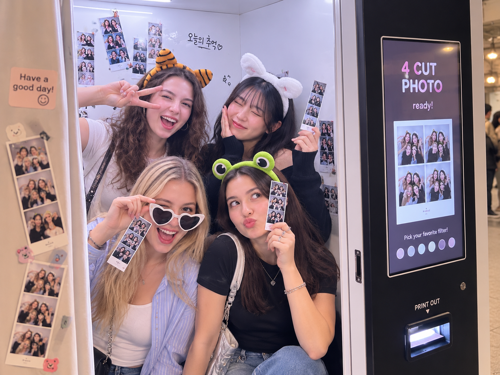 Young international friends taking four-cut photos with playful headbands and props in a Korean photo booth
