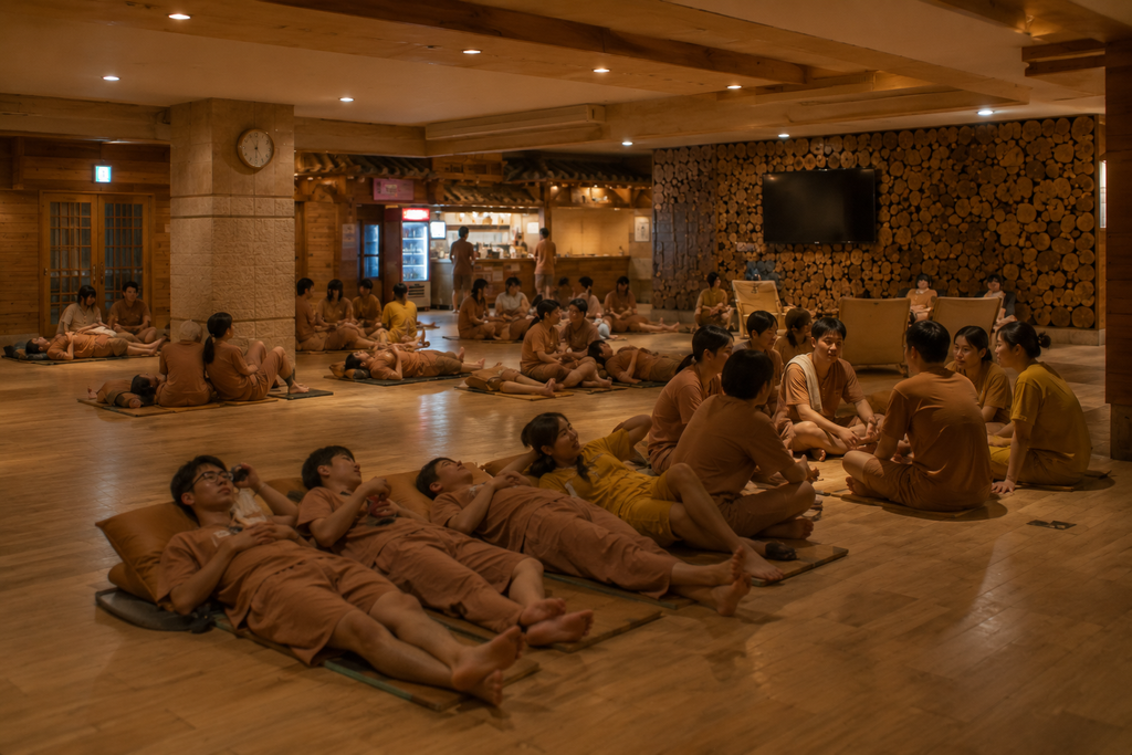 People relaxing without smartphones in a Korean jjimjilbang