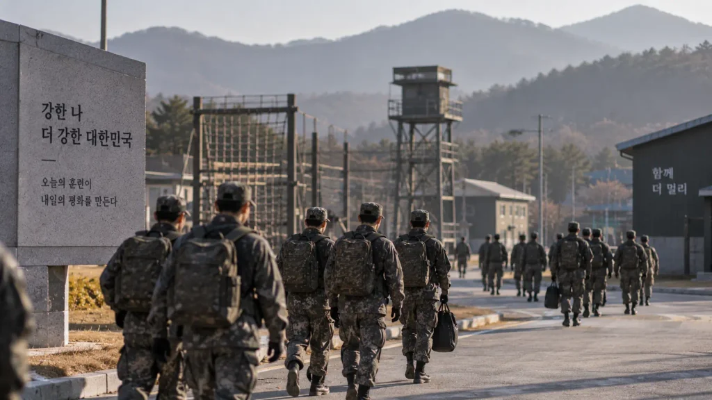 South Korean soldiers moving through a routine training area during military service