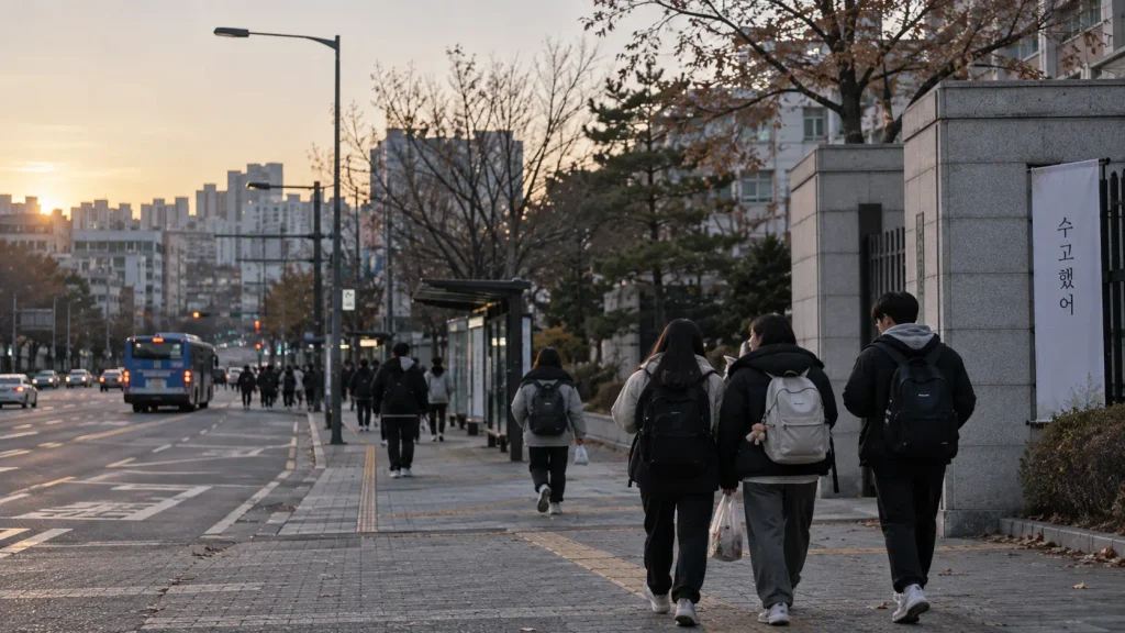 Students walking away from a Korean university entrance exam centre after the test