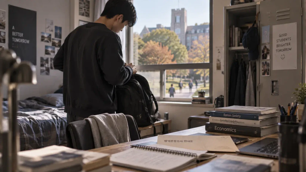 A Korean university student preparing for military service before leaving campus
