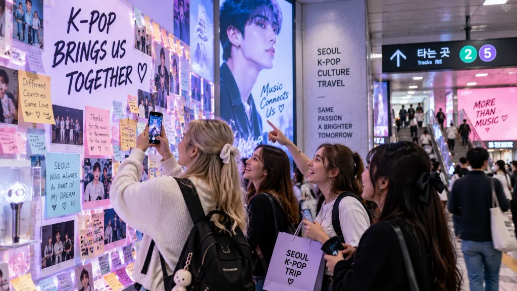 International K-pop fans visiting a Seoul billboard