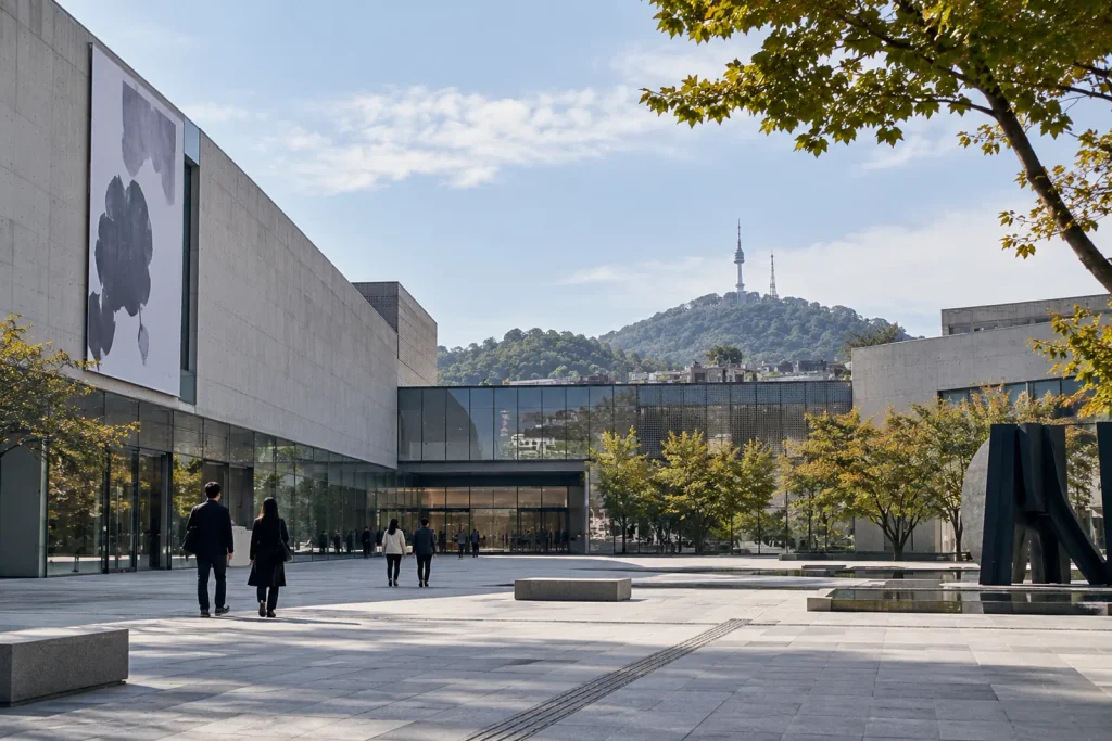 Visitors crossing a contemporary museum courtyard in central Seoul
