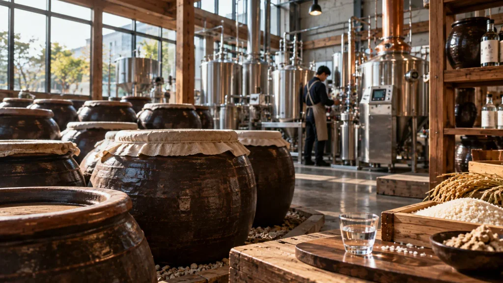 Traditional Korean soju aging beside earthenware vessels in a modern distillery