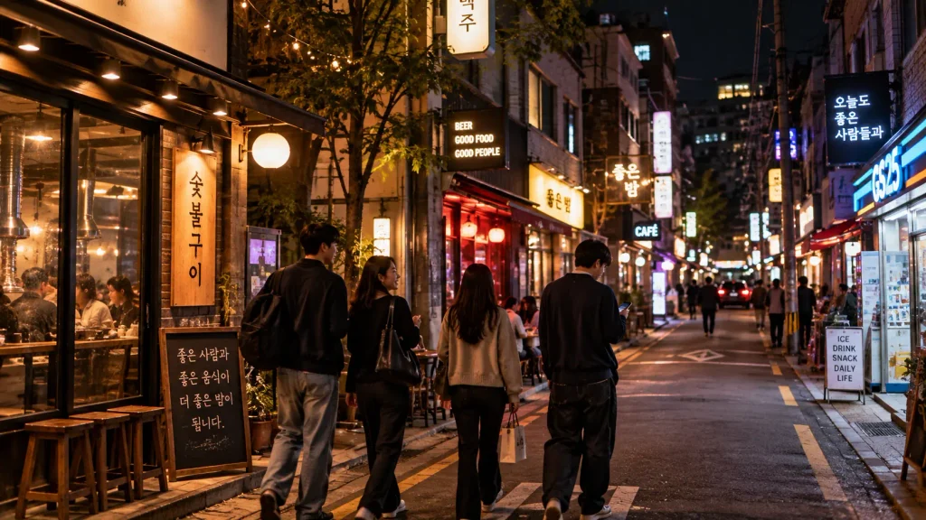 Friends leaving a Korean BBQ restaurant on a Seoul night