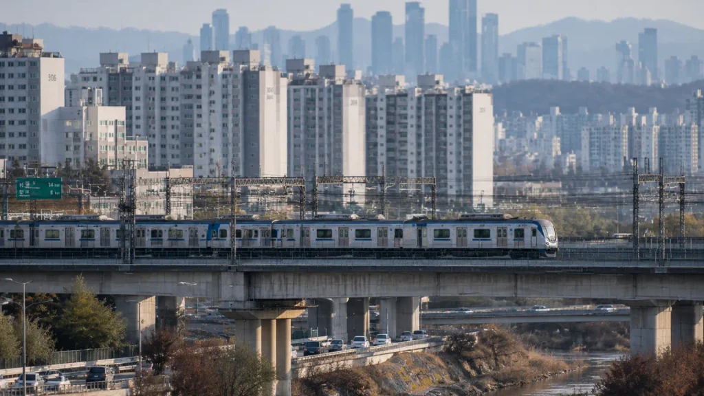 Commuters travelling from Gyeonggi Province towards Seoul on a suburban railway
