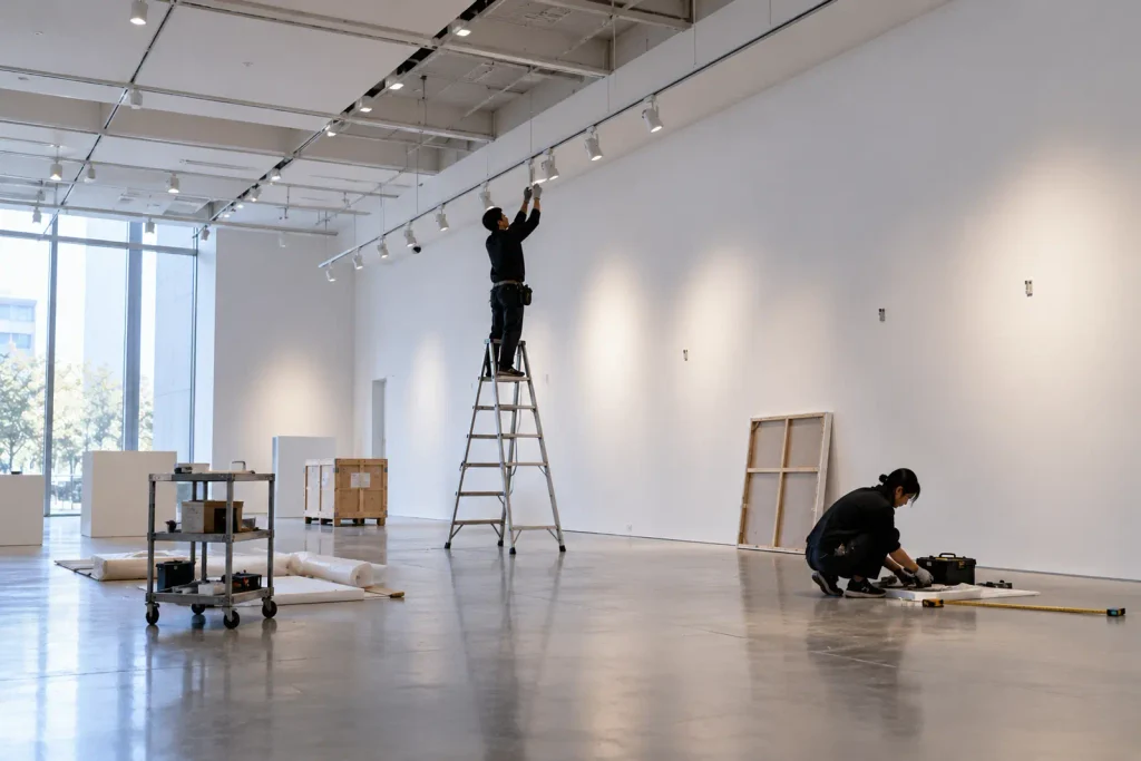 Gallery staff preparing an empty exhibition space on an ordinary weekday in Seoul
