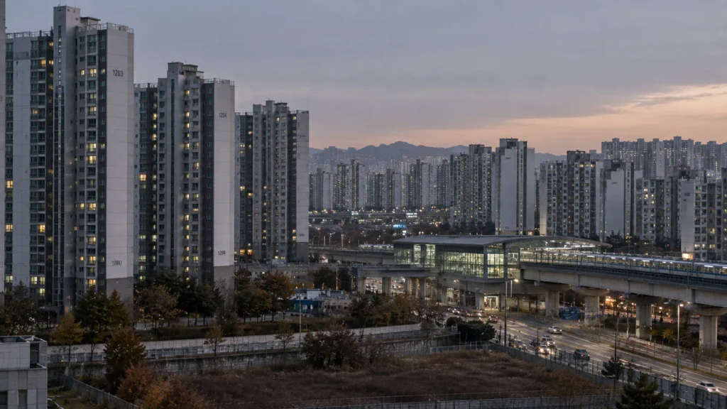 Large apartment complexes surrounding a new transit district outside Seoul