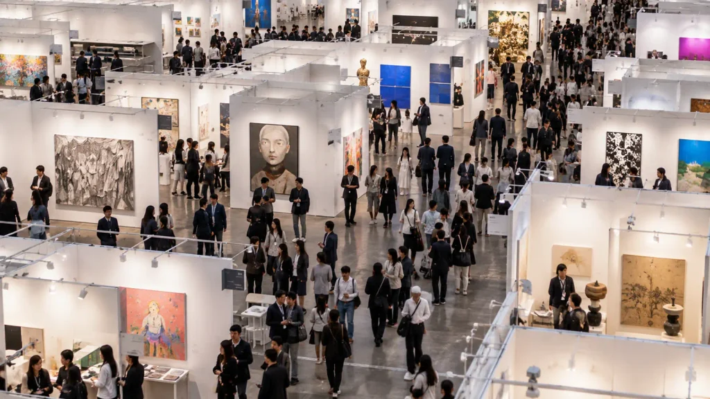 Visitors moving between gallery booths at a large contemporary art fair in Seoul