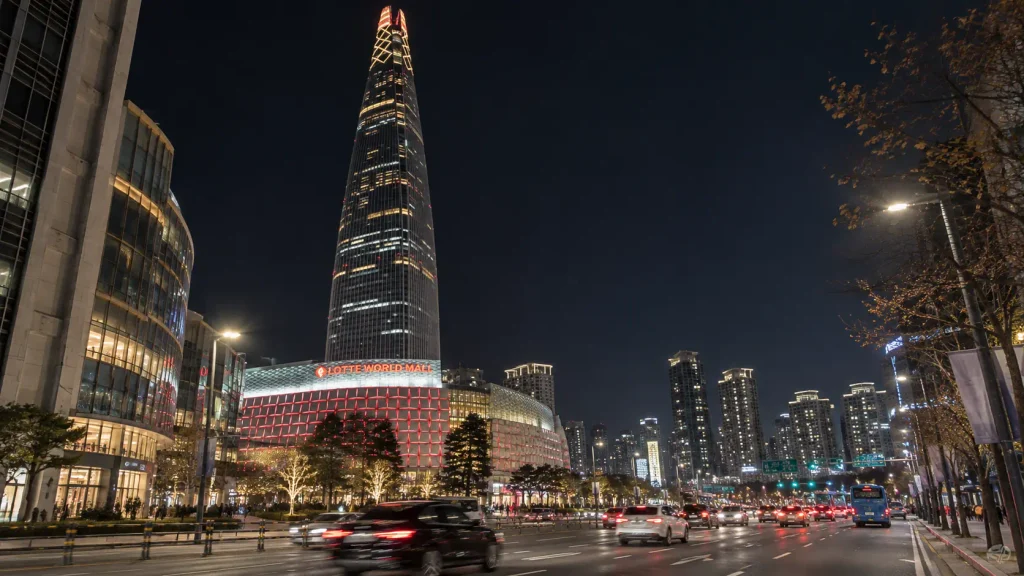 Jamsil Lotte World Mall and busy streets in Seoul at night