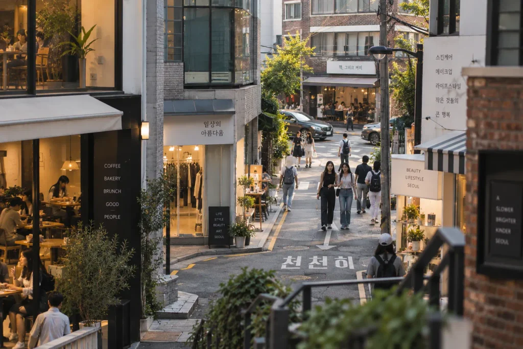 Everyday street life in Seoul with cafés, shops and pedestrians