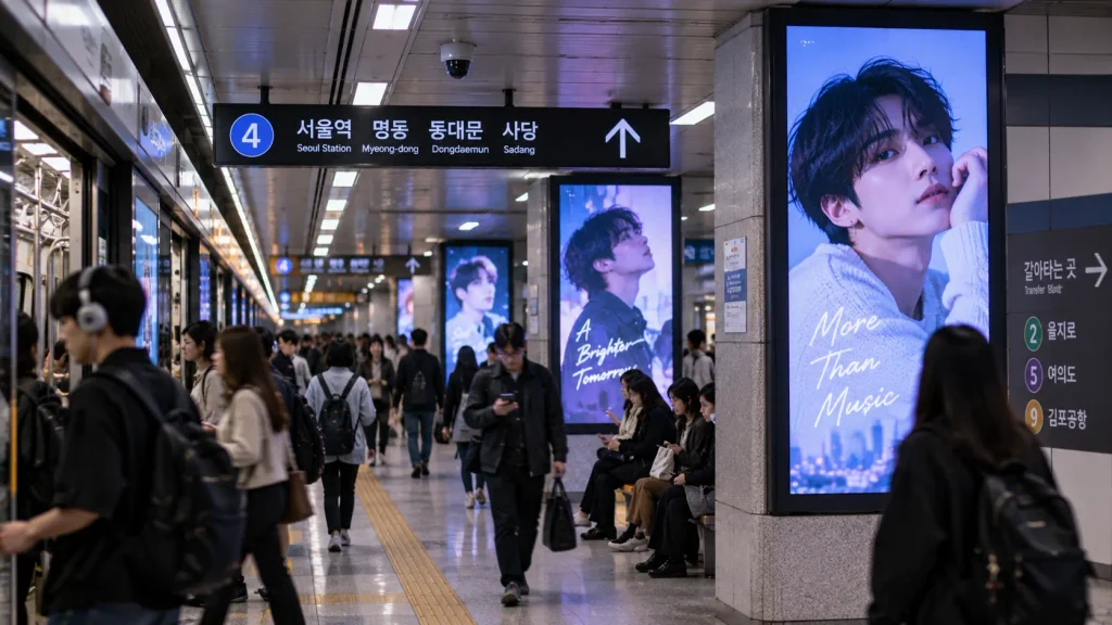 K-pop billboard inside a Seoul subway station
