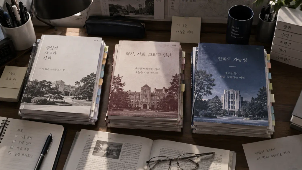 University entrance study materials and campus symbols associated with Korea’s elite university hierarchy