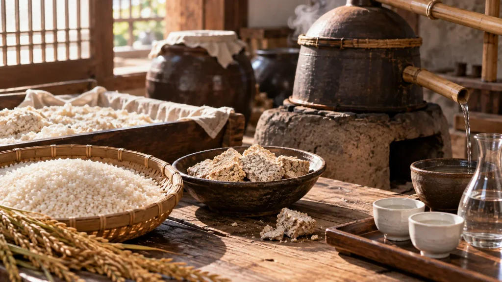 Rice, nuruk and traditional distillation tools used to make Korean soju
