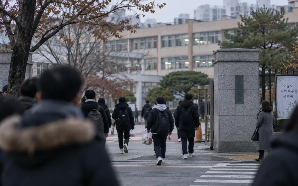 Students arriving at a Korean university entrance examination centre on a November morning
