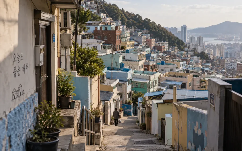 Gamcheon Culture Village climbing a hillside in Busan above its narrow residential alleys