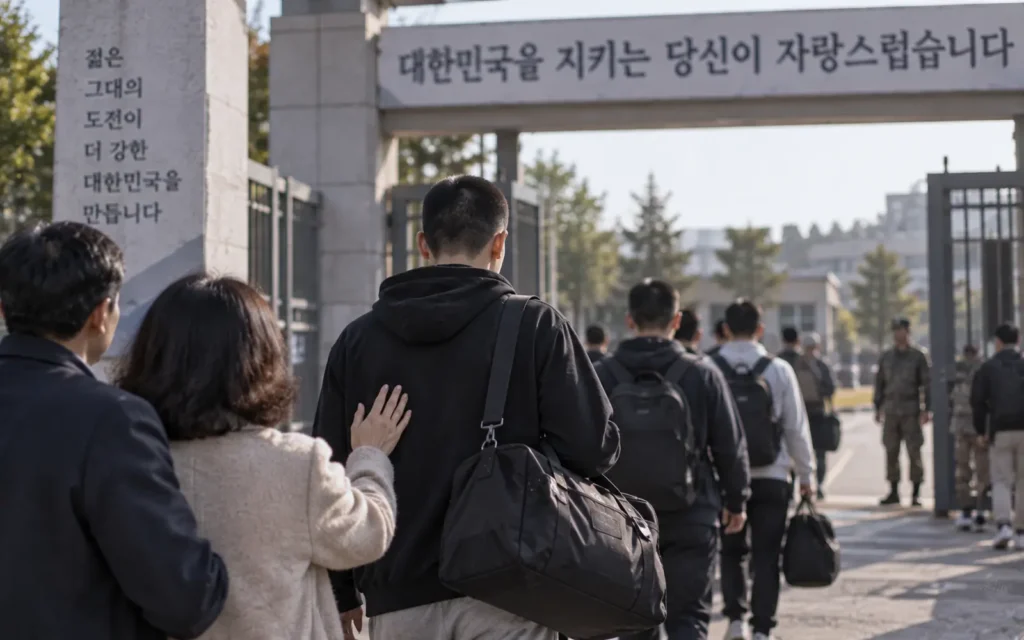 A young Korean man entering a military training center with his family nearby