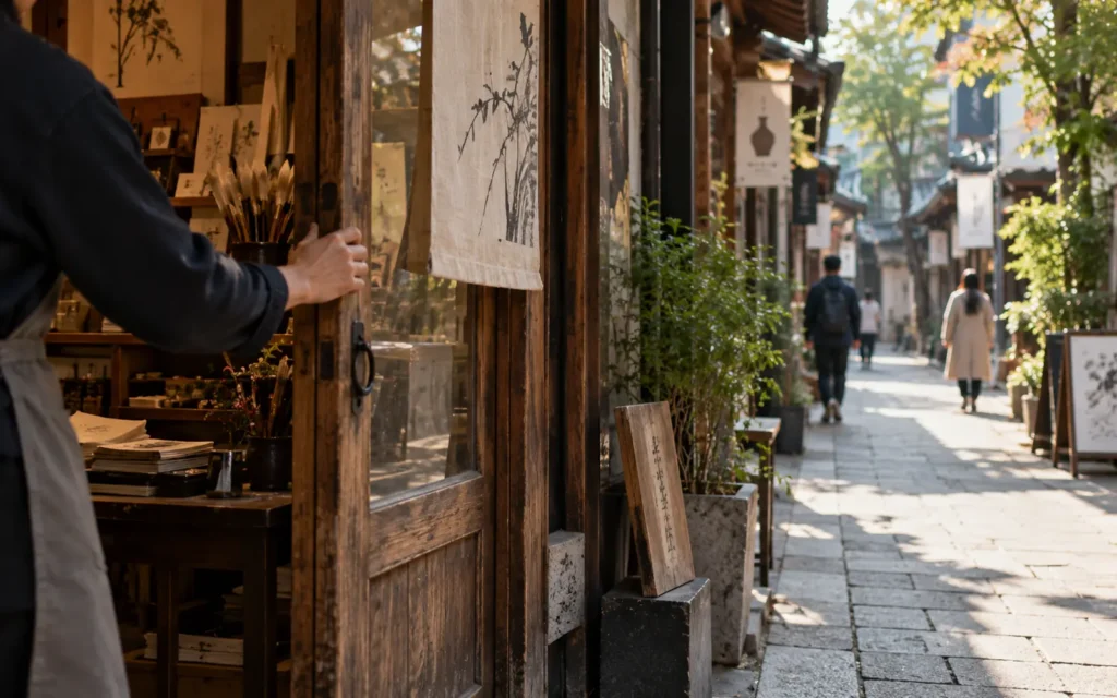 A morning street in Insadong Seoul with traditional shops, galleries and pedestrians