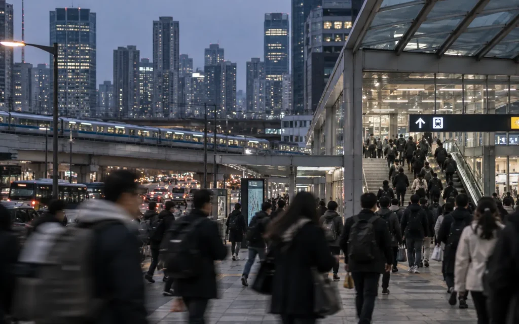 Commuters travelling through Seoul at rush hour as the metropolitan region stretches into the suburbs