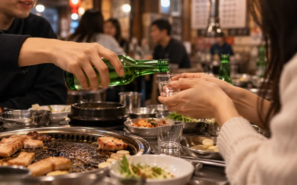 A bottle of soju being passed across a Korean dinner table during a late-night meal