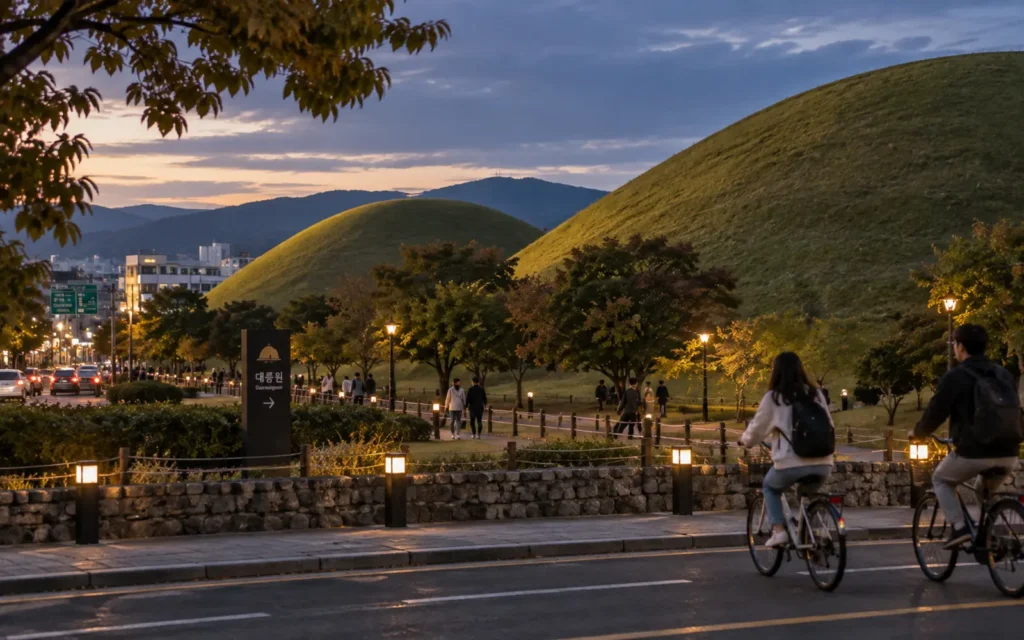 Cyclists passing ancient royal burial mounds in the centre of modern Gyeongju
