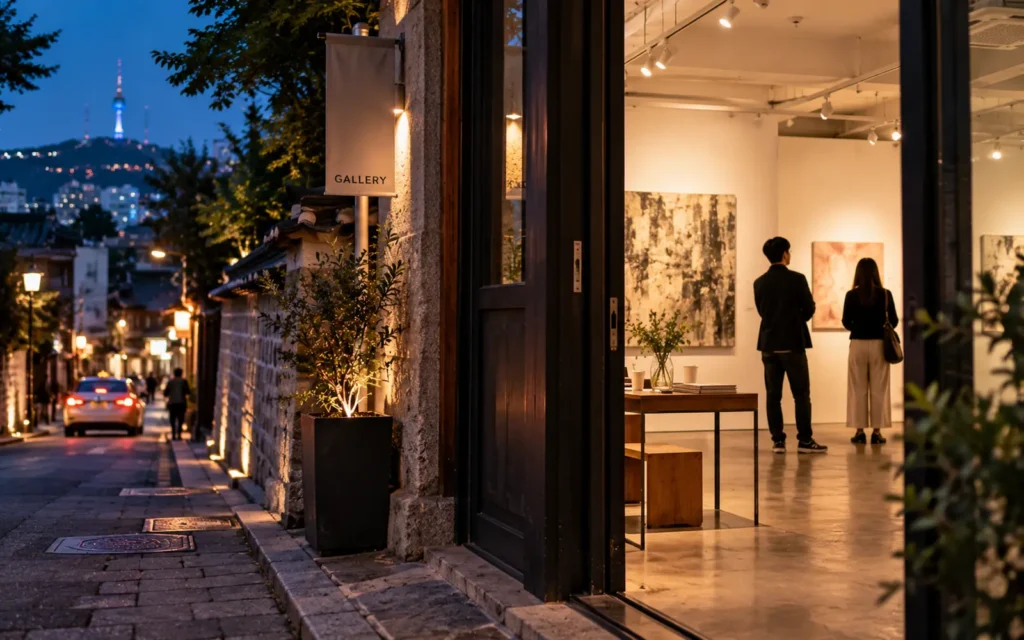 Visitors entering a contemporary art gallery in Seoul during an evening exhibition