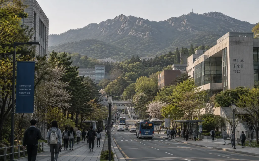 Students walking through Seoul National University’s Gwanak campus beneath the surrounding mountains