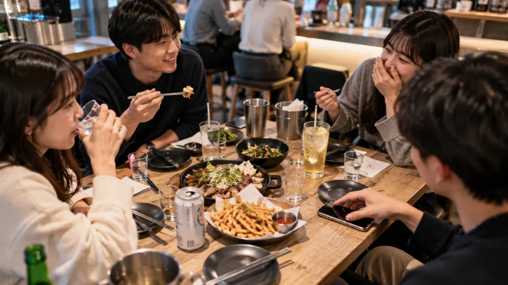 Young Korean friends sharing a casual evening with alcoholic and non-alcoholic drinks