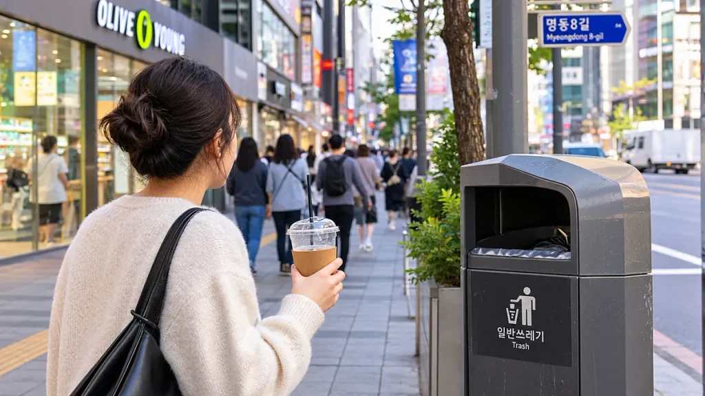Editorial illustration of a pedestrian holding a takeaway drink beside a public trash bin on a busy Seoul street.