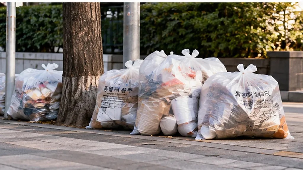 Editorial illustration of trash bags containing disposable cups and packaging beside a tree on a Seoul sidewalk.
